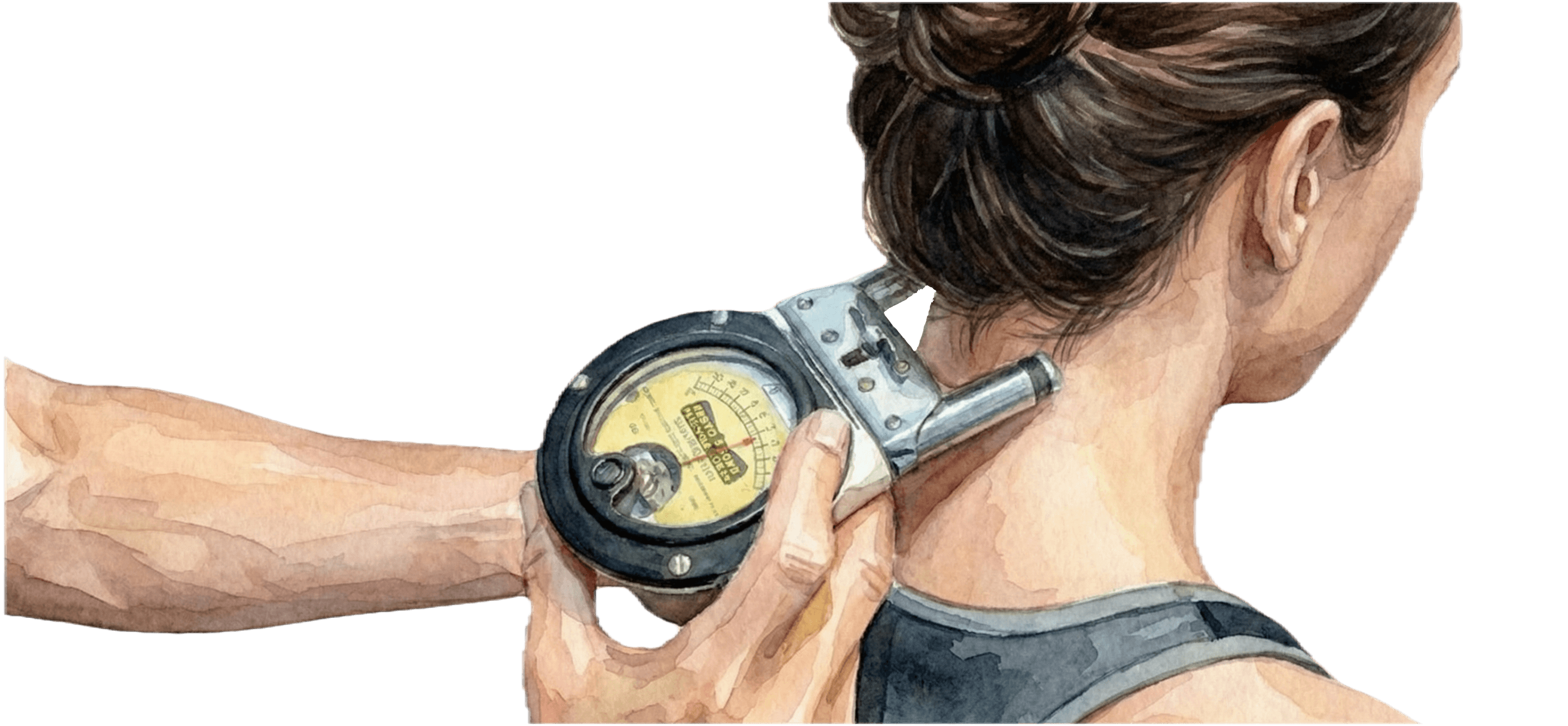 Watercolor illustration of a Nervoscope being used alongside a woman's neck