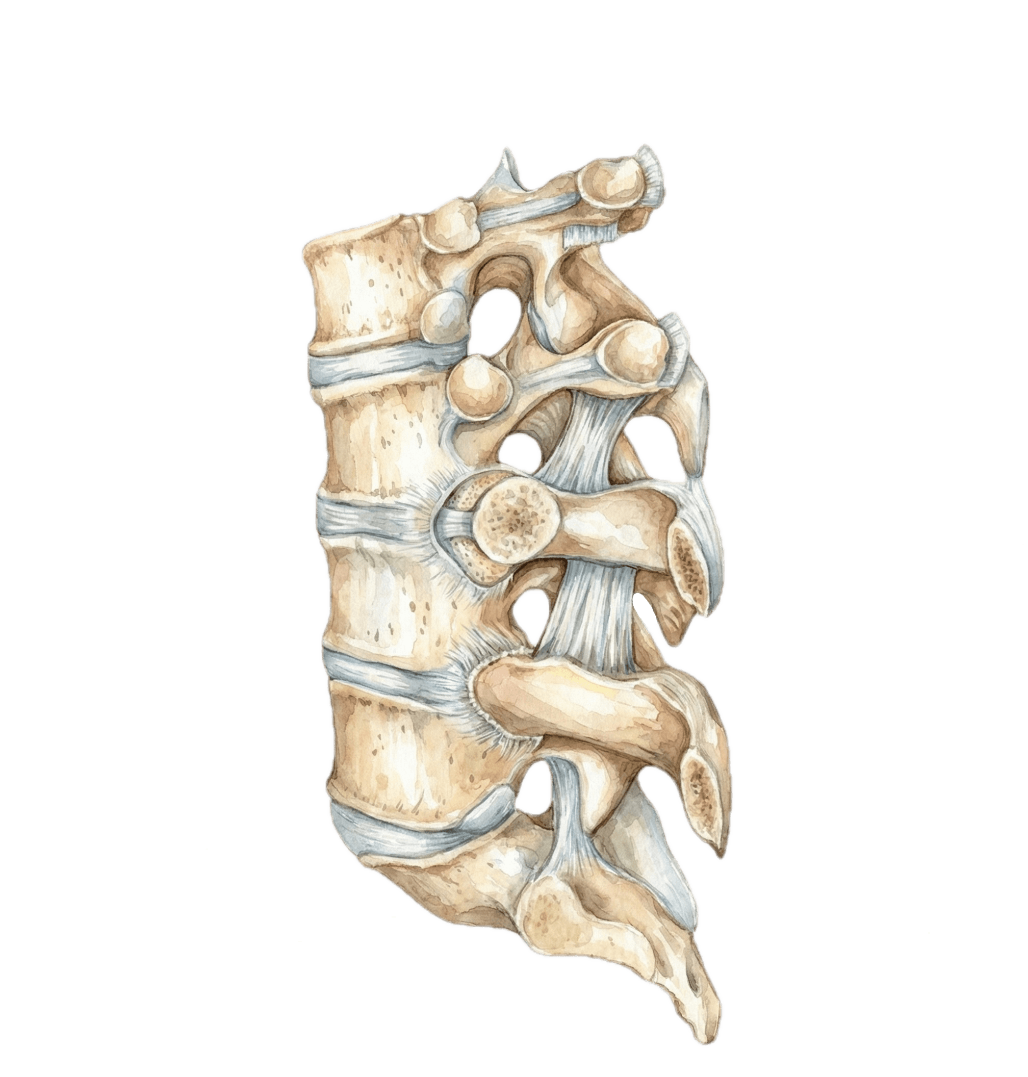 Watercolor side view of the lower spine, showing vertebrae and the discs between them