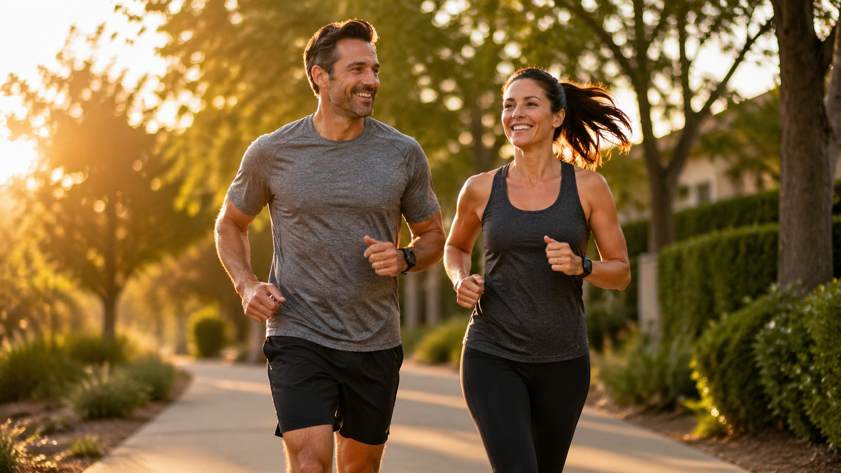 Couple jogging together at golden hour — active lifestyle after Contour Light body contouring