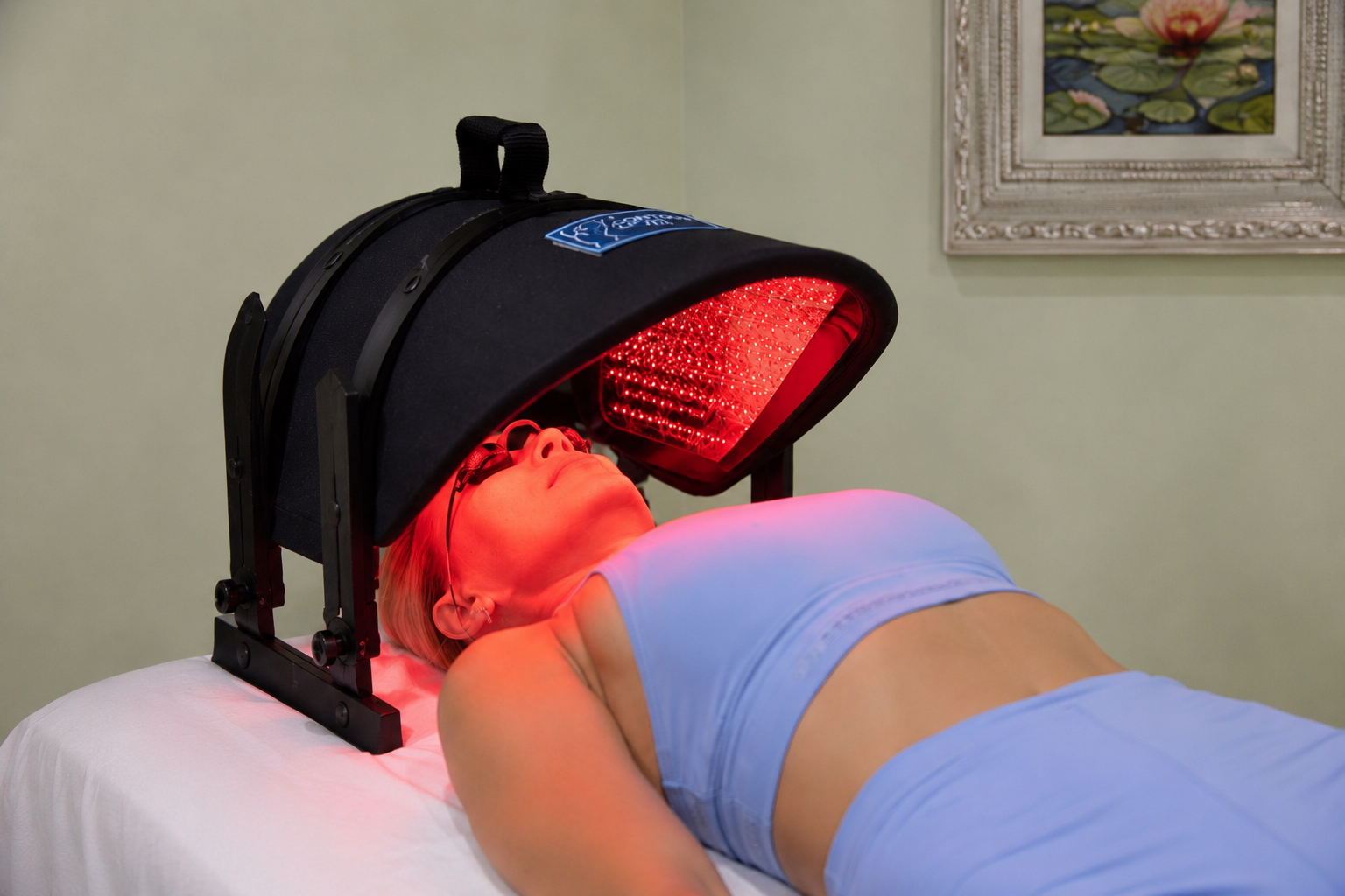 Patient relaxing under the Contour Light face canopy during a red light therapy session