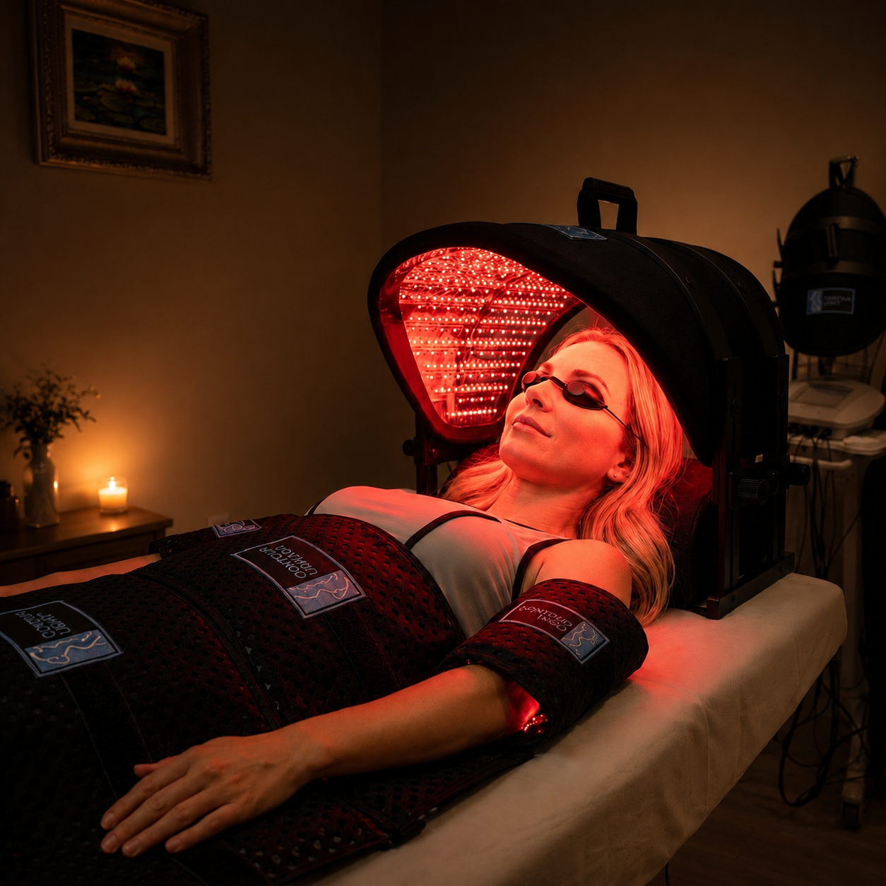 Patient receiving Contour Light red light therapy treatment with full body LED pads
