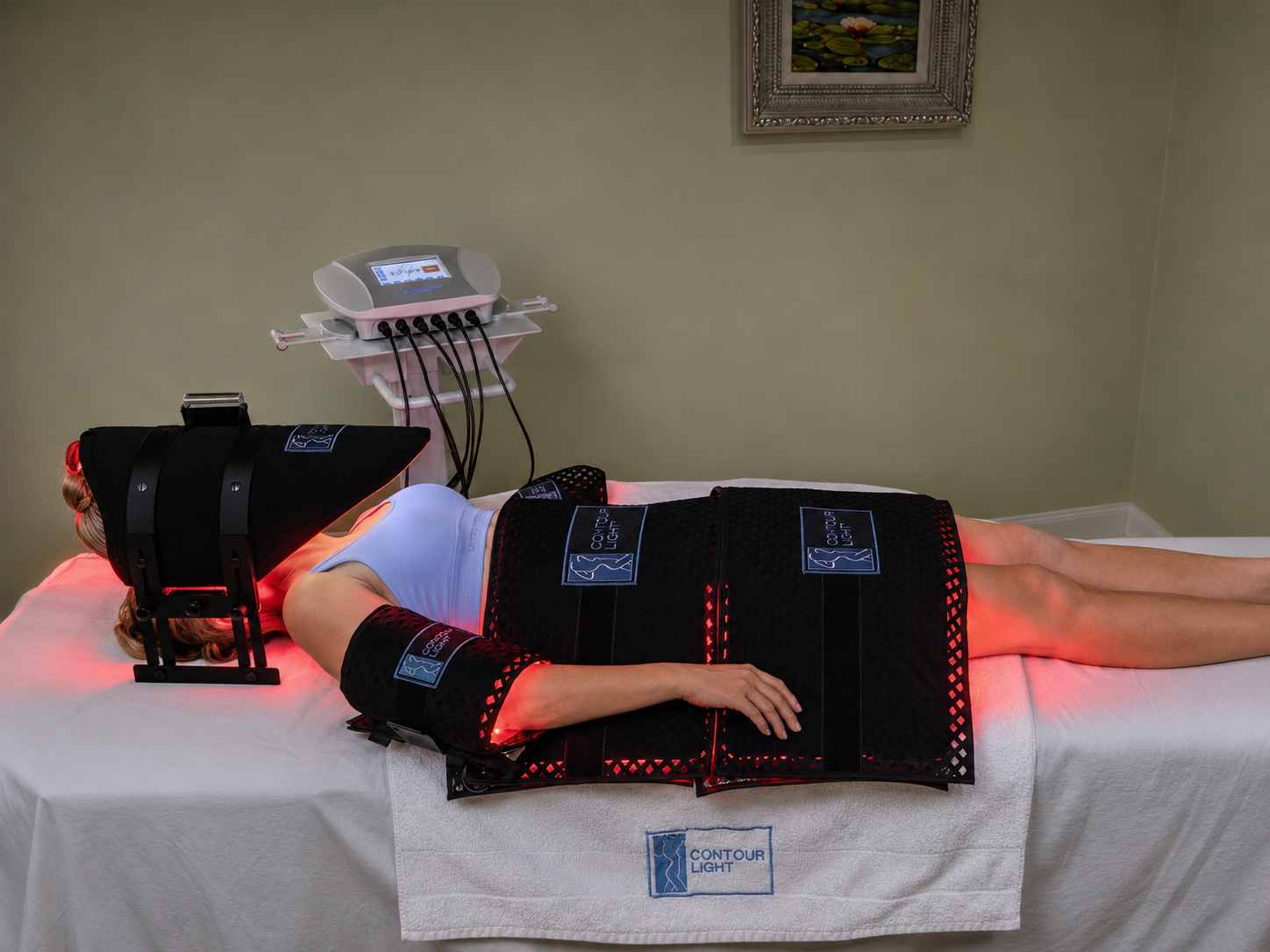 Patient lying on treatment table with Contour Light LED pads applied to body and arms during a session