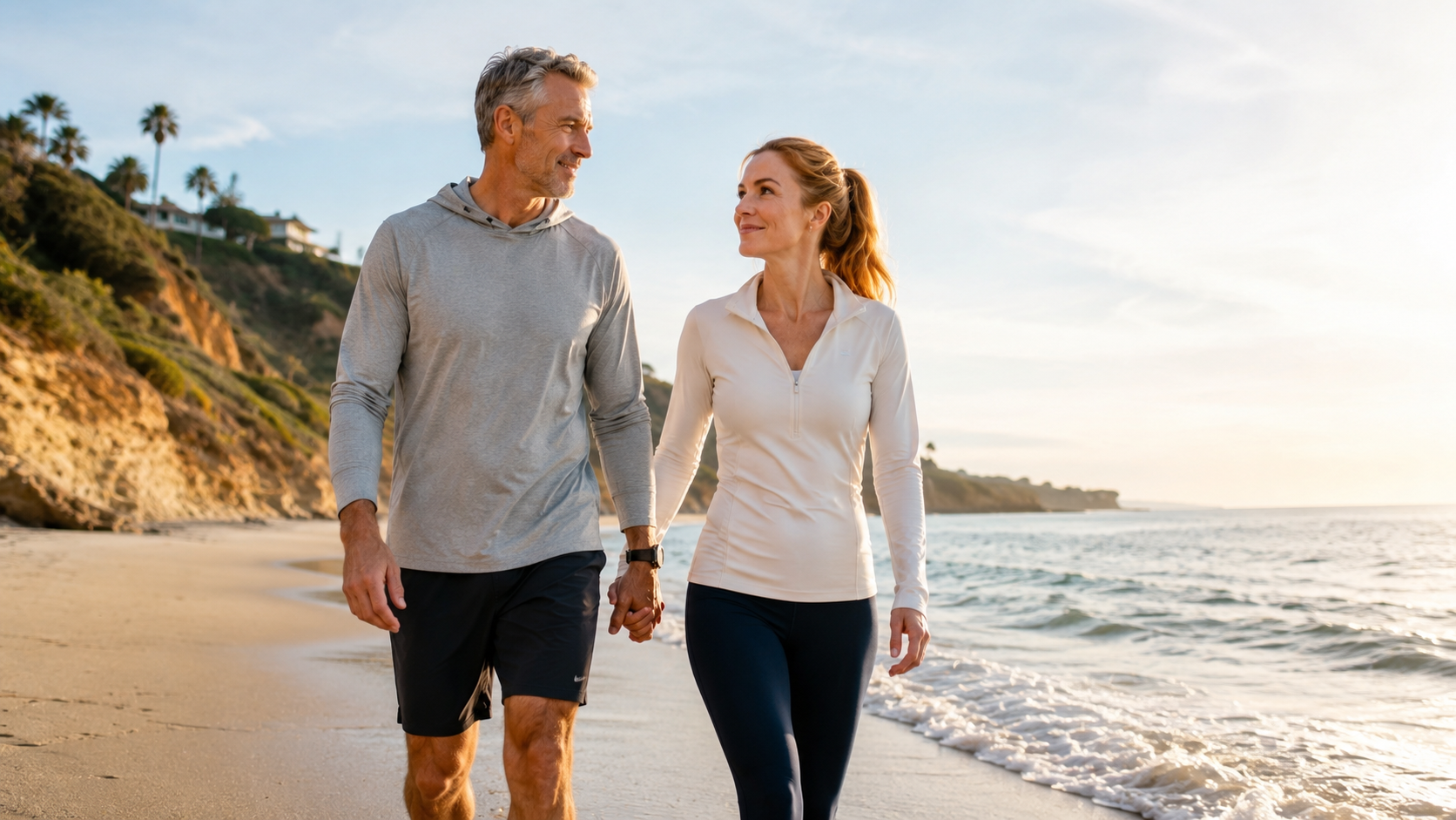 Couple walking on the beach pain-free after shockwave therapy treatment